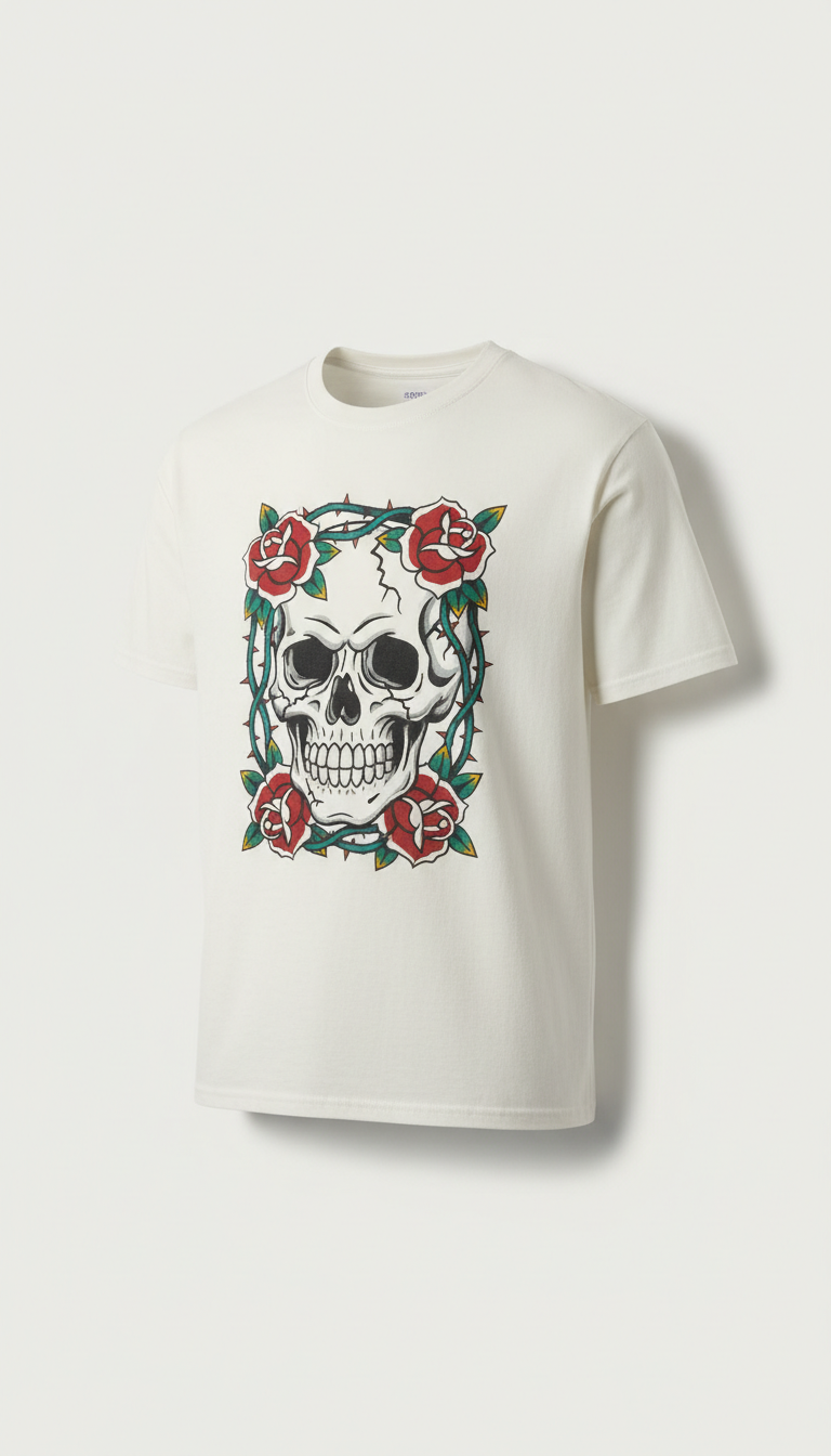 Graphic Tee With Skull And Rose